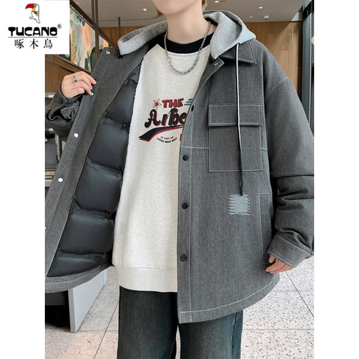 啄木鸟大鹅绒服男冬季2025新款连帽牛仔外套男冬装青少年保暖羽绒服 9188蓝色【保暖鹅绒服】 M (约90~115斤可穿)