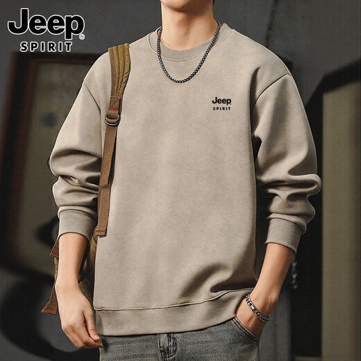 JEEP SPIRIT Jeep heavy sweatshirt men's autumn and winter American retro long-sleeved T-shirt round neck bottoming shirt men's Khaki XL