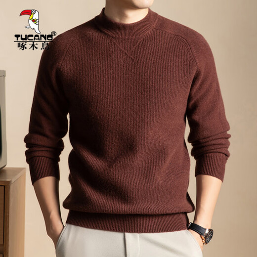Woodpecker 2025 Winter Pure Wool Sweater Men's Half Turtle Collar Winter Thickened Knitted Sweater Men's Warm Bottoming Shirt Brown M