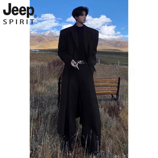 JEEP SPIRIT Black Peel Collar Waist Woolen Coat Men's Autumn and Winter Thickened Shoulder Padded Coat Over Knee Long Godfather Windbreaker Black Upgraded XL 130-145Jin Jin is equal to 0.5 kg
