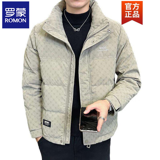 ROMON зимняя одежда 2025, новый красивый пуховик с воротником-стойкой, мужской короткий утолщенный теплый модный брендовый пиджак с полным принтом, черный M (90-115Jin Jin равен 0,5 кг)