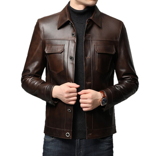 Pangdonglai Supermarket purchases Haining leather jacket for men with short lapel, slim fit, fashionable, warm and thickened, the same style, black M, suitable for 110-120 Jin Jin is equal to 0.5 kg