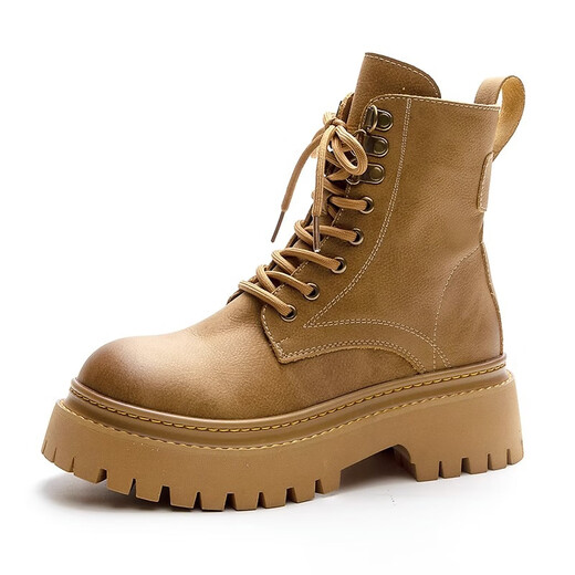 Aizunshi Martin Boots Frauen 2024 Herbst und Winter Neue Britisch -Style -Kurzleder Kurzstiefel Dicke Sohle Erhöhung Retro Motorrad Single Stiefel Brown 38