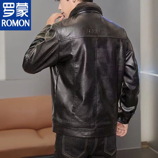 ROMON Haining 2026 new double collar autumn and winter plus velvet men's leather jacket lambswool warm jacket dad leather jacket upgraded version black warm XL 180/100A recommended 100-120Jin Jin equals 0.5 kg