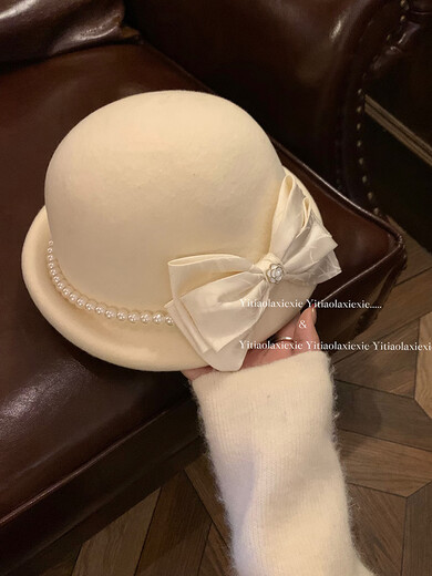 Thousands of gold, white and beautiful Australian wool hat French Hepburn style pearl bow woolen beret white Australian wool S (54-56cm