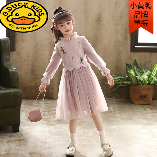 G.duck girls dress autumn and winter 2025 new children's skirt winter wear New Year's wear princess dress sweater dress winter pink pleated sleeves 110 cm