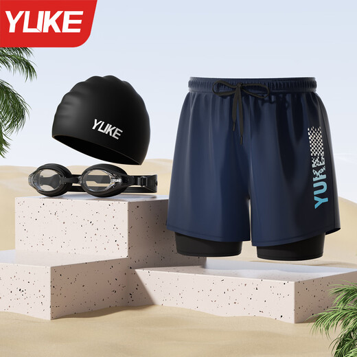 羽克（Yuke）男士泳裤2026新款防尴尬游泳裤泳镜泳帽三件套男款沙滩裤游泳装备 蓝色字母【泳裤+泳镜+泳帽】度数留言 L 码【建议90-105斤】