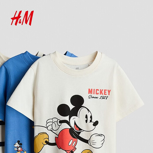 H&M 2026 Spring New Children's Clothing Children's Boys 3-piece Graphic T-shirt 1117463 Cream/Mickey Mouse 150 150/76 (10-12Y)