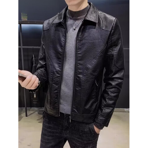 Playboy Haining leather jacket men's spring and autumn leather jacket motorcycle jacket men 8898 black - no velvet M 90-105Jin Jin equals 0.5 kg