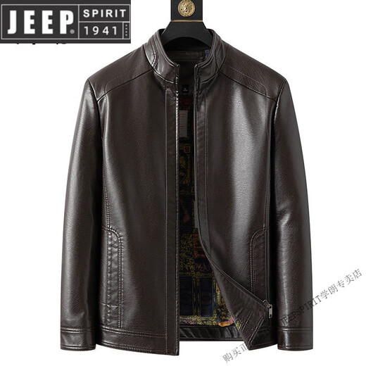 JEEP SPIRIT Autumn and Winter New Haining Leather Jacket for Men Middle-aged Dad Sheepskin Casual Large Size Leather Jacket with Velvet New Product Stand Collar Leather Jacket Black Velvet M 170