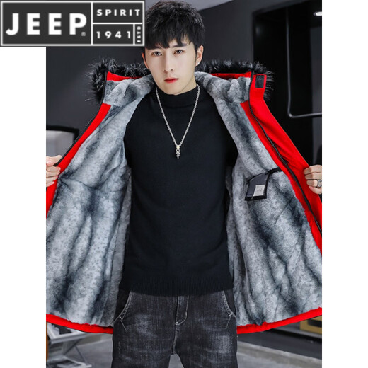 JEEP SPIRIT winter velvet jacket men's trendy Korean style windbreaker mid-length thickened warm parka cotton winter coat 101 black red M