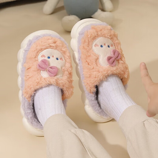 Children's cotton slippers for men and women, warm cartoon autumn and winter household thick-soled anti-baby slipper plus plush cotton slippers B2269 pink and purple cute rabbit cotton slippers with heel, plus velvet, 32-33, inner length 19cm