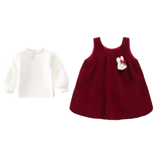 Girls' dress, autumn and winter velvet red princess vest dress, Christmas style New Year's greeting dress, two-piece skirt set for girls, red 100 cm