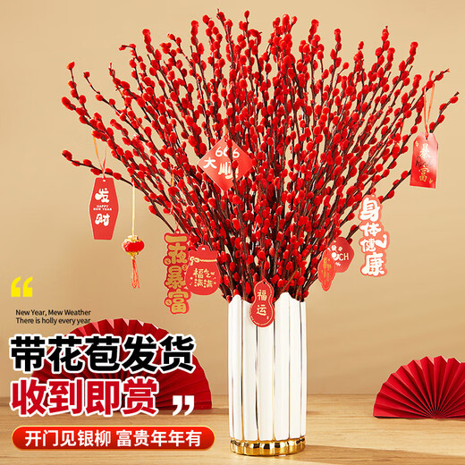 Hua Weng Real Flowers Fresh Branches and Dried Flowers Indoor Living Room New Year's Eve Flowers Selected Silver Willow 60-70cm 40 Branches + Pendant Source Straight Hair