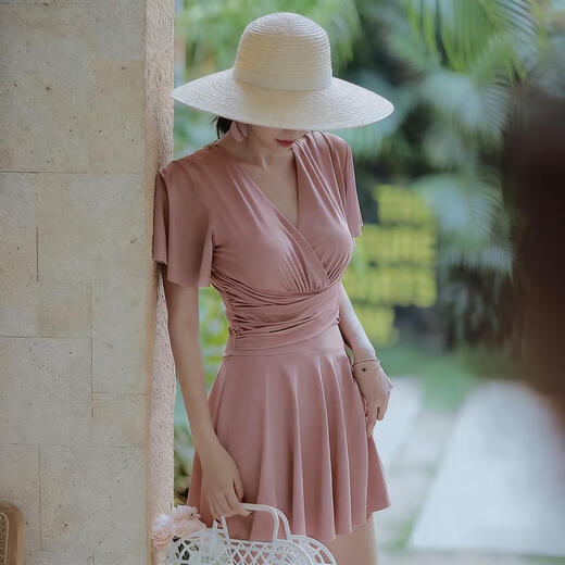 Bo Na Ling Swimsuit Women's Summer Swimsuit Skirt Style Small Breast Conservative Cover Belly Large Size Slim Hot Spring Beach Beach Vacation Fat Girl Plus Size Swimsuit Bean Paste Powder 100-150 Jin Jin is equal to 0.5 kg