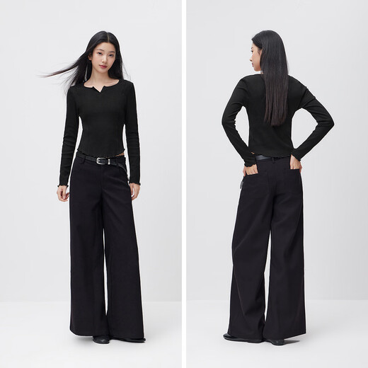 Semir long-sleeved T-shirt for women spring short solid color right shoulder fungus lace inner split tight slimming top black 90001 S