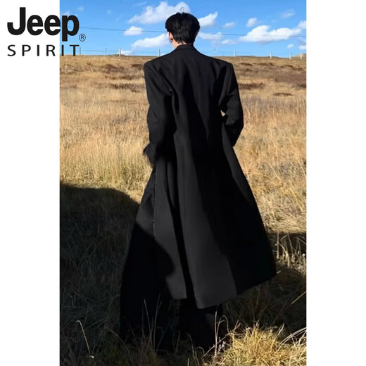 JEEP SPIRIT Black Peel Collar Waist Woolen Coat Men's Autumn and Winter Thickened Shoulder Padded Coat Over Knee Long Godfather Windbreaker Black Upgraded XL 130-145Jin Jin is equal to 0.5 kg