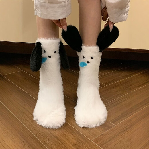 Puppy floor socks, women's coral velvet socks, thickened, non-slip, cute 2025 new velvet autumn and winter confinement socks, black-eared puppies, soft, skin-friendly, non-slip, thickened, one size fits all