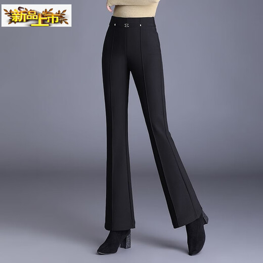 Small diameter velvet trousers for women's winter outer wear, large size casual trousers, high-waisted slim slim trousers, elastic waist and boot-cut trousers, black velvet 82117 L 2 feet 1