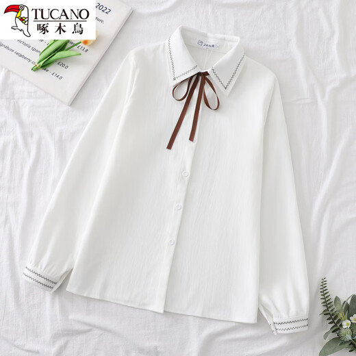 Woodpecker autumn and winter new style plus velvet, thickened and warm, commuting basic shirt for women to wear inside, niche long-sleeved top, trendy, white + brown laces, regular version, S collection, priority delivery