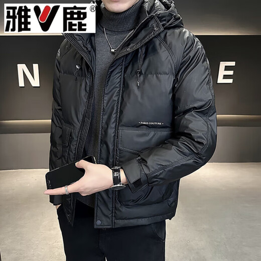 雅鹿白鸭绒羽绒服男士短款冬季2026新款连帽保暖加厚高端外套冬天 YR- YR-009黑色 L
