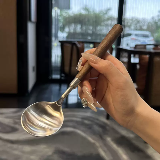 Yusenyi trendy anti-walnut grain wooden handle spoon Western food spoon stainless steel round spoon soup spoon eating spoon soup spoon larger spoon walnut grain long handle thickened round spoon (pack of 6)