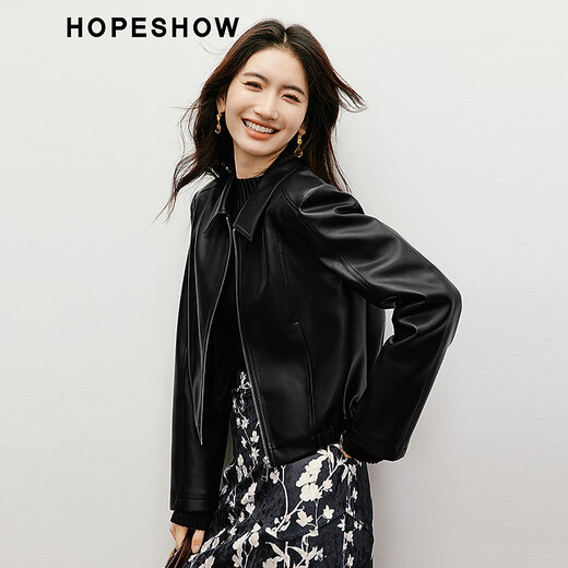 Red sleeve textured pu leather jacket autumn new women's high-end right shoulder slim zipper lapel sweet and cool temperament short jacket black 050 M