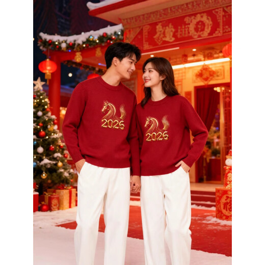 Disney (Disney) 26 Year of the Horse parent-child outfits for a family of three and four, trendy round neck printed thickened warm sweater parent-child outfits, burgundy 160