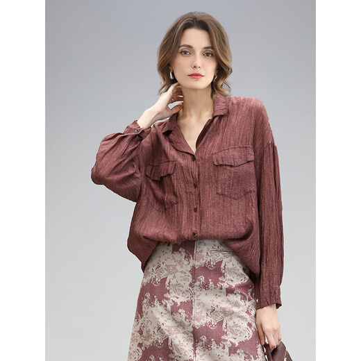 COCOBELLA重工炒色压褶气质酒红衬衫早秋通勤长袖衬衣SR7029 酒红色(古法苏木炒色) M