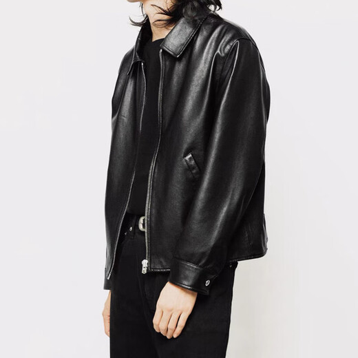 CHEVALPES international first-line brand wide version, thin, soft black lapel zipper vegetable tanned sheepskin leather jacket for men, black sheepskin S <145Jin Jin is equal to within 0.5kg>
