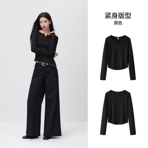 Semir long-sleeved T-shirt for women spring short solid color right shoulder fungus lace inner split tight slimming top black 90001 S