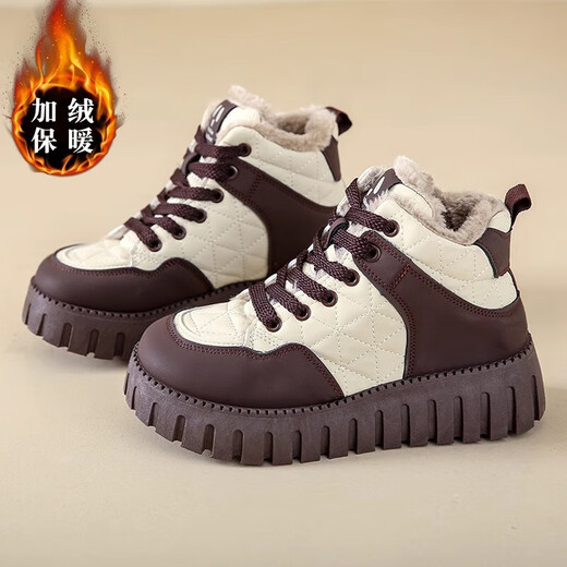 RICKY JORDAN Girls' Cotton Shoes Winter 2025 New Children's Velvet Snow Boots Warm Middle and Large Children's Sports Winter Shoes Girls' Cotton Boots Brown (Cotton Shoes) 32