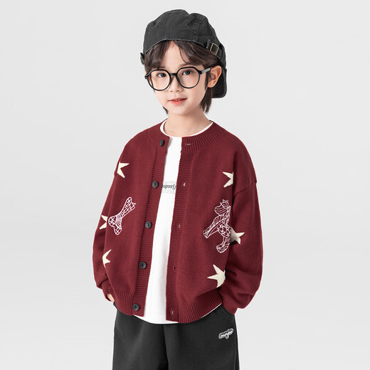 Duojia new clothes for the Year of the Horse, boys' sweaters, spring and autumn cartoon embroidery style jackets, children's inner warm sweaters, true red 110