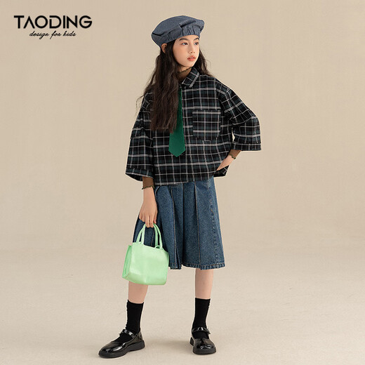 Taoding girls' shirt three-quarter sleeves spring and autumn new style medium and large children versatile dark green plaid Korean style loose college shirt dark green 140