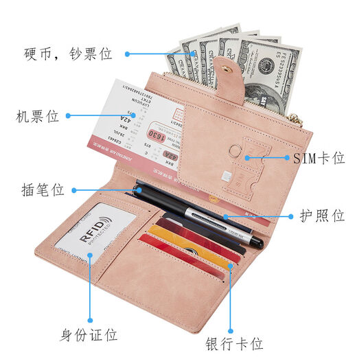 Anti-Diebstahl-Bürsten-Geldbörse, integrierter Reisepasshalter, Dokumentenaufbewahrung, Ticket-Schutzhülle, Übersee-Multifunktions-Reisepass-Tasche, rosa Anti-Diebstahl-Bürste