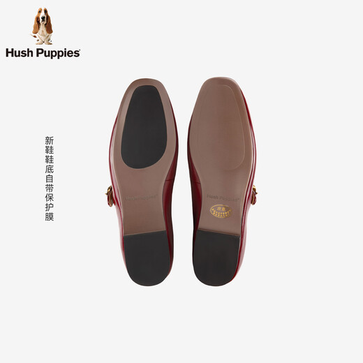 Hush Puppies Mary Jane women's shoes 2026 new fashion square toe low heel shallow mouth single shoes French light shiny cowhide shoes mellow wine red 35