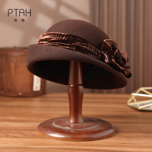 PTAH autumn and winter woolen hat small top hat British retro ins style woolen beret stereotyped hat temperament retro hat coffee color