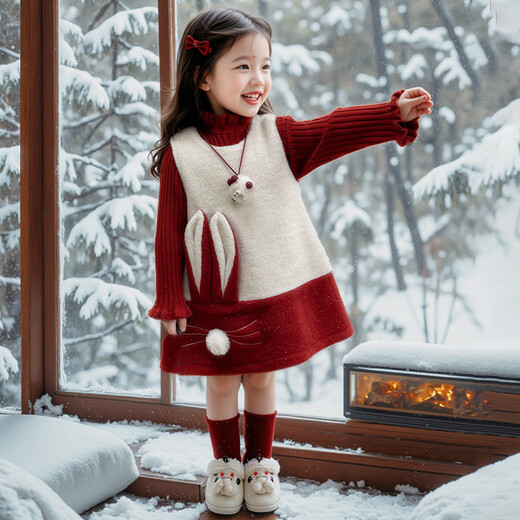 Fat Donglai buys girls' velvet dress at 50% off, autumn and winter 2025 new style, stylish children's thickening gift, same style sweater skirt suit 90 cm