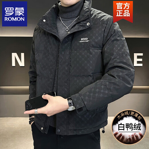 ROMON зимняя одежда 2025, новый красивый пуховик с воротником-стойкой, мужской короткий утолщенный теплый модный брендовый пиджак с полным принтом, черный M (90-115Jin Jin равен 0,5 кг)