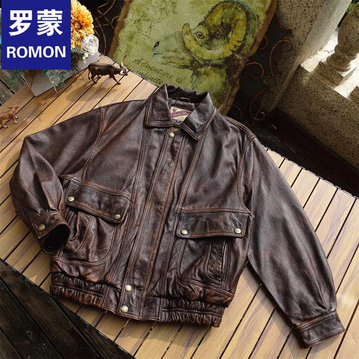 ROMON unisex retro loose large profile American retro heavy washed faded old Bengal tea core cowhide tea core ancient coffee unisex S women's wear