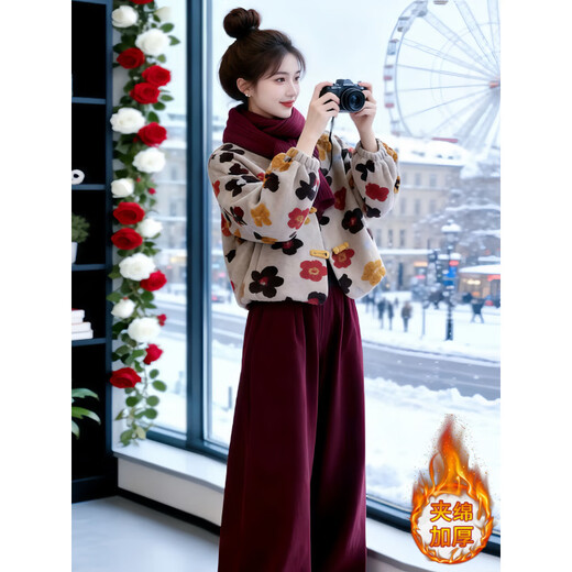 Qiao Bo Lai Hong Kong style retro suit for women in autumn and winter, new style, lazy style, short quilted jacket, loose trousers two-piece set, colorful jacket + brown-red pants M (recommended that 100Jin Jin is equal to less than 0.5kg)