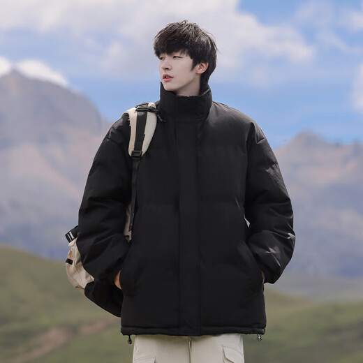 VUUG men's cotton coat American style stand collar solid color cold weather clothing versatile new trendy brand cotton coat black S