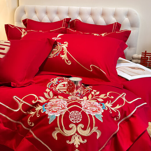LangSha (LangSha) wedding four-piece bedding set, wedding bright red quilt, Chinese embroidery quilt cover, wedding room bed sheet, quilted bed sheet, wedding - big red - 1.5m bed sheet, four-piece set