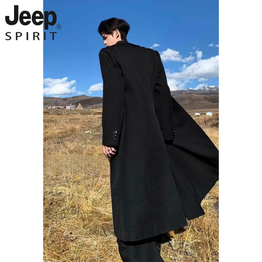 JEEP SPIRIT Black Peel Collar Waist Woolen Coat Men's Autumn and Winter Thickened Shoulder Padded Coat Over Knee Long Godfather Windbreaker Black Upgraded XL 130-145Jin Jin is equal to 0.5 kg