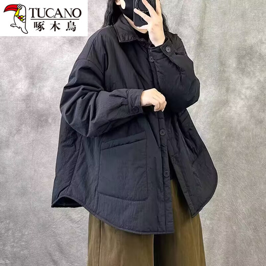 Woodpecker's late green European goods quilted thickened shirt women's winter cotton-padded inner layer casual warm cotton jacket black L recommended 120Jin Jin equal to 0.5 kg or less