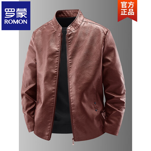 ROMON Haining imitation leather jacket men's stand-up collar plus velvet thickening slim casual trendy handsome leather jacket motorcycle jacket brown without velvet 923KX XL