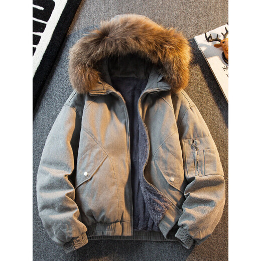 花花公子重磅帆布水洗牛仔夹克男款冬季羽绒服加绒加厚座山雕外套 黑色 可拆卸毛领 S (90-110斤)