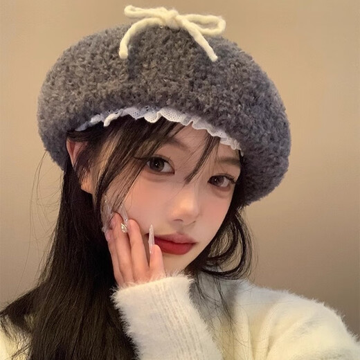 Lamb Wool Bow Lace Gray Beret Women's 2024 Autumn and Winter Warm and Showy Little Painter Hat Versatile Hat Gray M (56-58cm