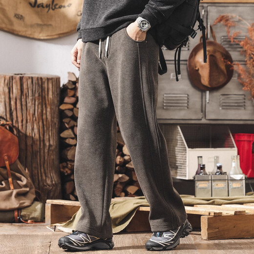 Jay Leno American retro heavyweight European cotton velvet knitted sweatpants men's plus velvet winter loose thickened warm straight casual pants for men khaki plus velvet 28 suitable for 95-110Jin Jin equals 0.5 kg