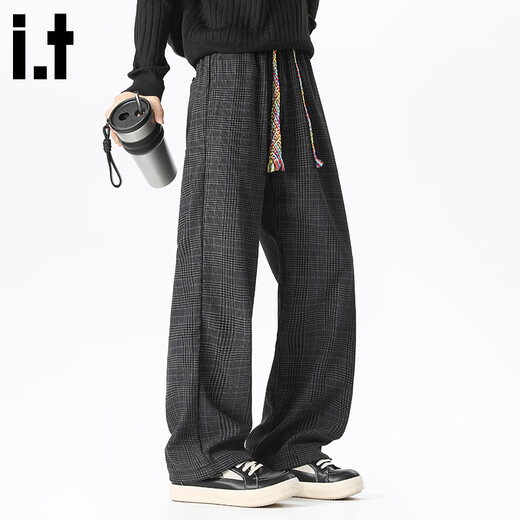CHOCOOLATE it American retro plaid casual pants men's autumn and winter loose straight straight drape wide leg trousers black M recommended 90Jin Jin equals 0.5kg -110Jin Jin equals 0.5kg